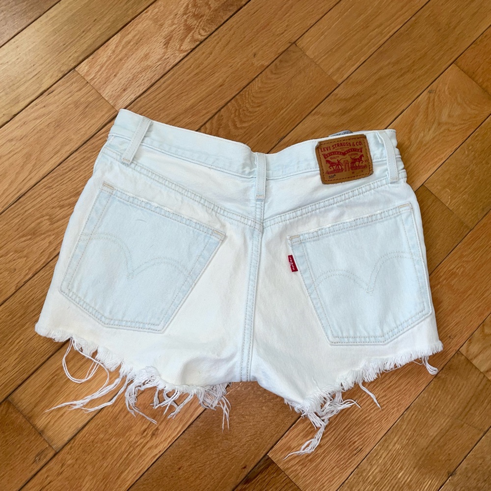 Levi 501 High Waisted Denim Distressed Shorts - Light Blue / Almost White